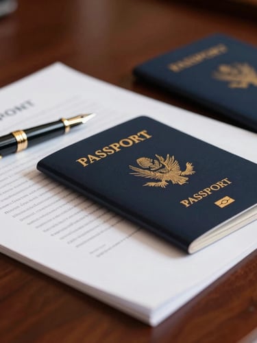 Close-up of legal documents, passports, and a fountain pen on a dark mahogany desk, dramatic executive lighting, shallow depth of field, premium corporate photography.