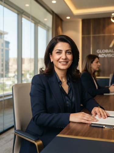 Medium-close professional portrait of an elite global mobility advisor in a modern Erbil boardroom, warm interior lighting, sharp focus, 35mm