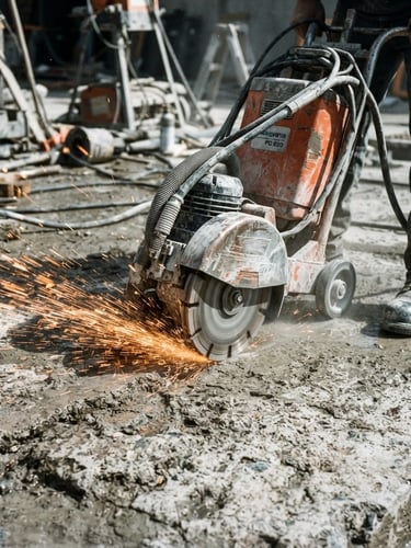 Close-up of a heavy-duty concrete grinder cutting into a rough industrial slab, high-contrast direct sunlight, orange safety sparks, gritty texture, 35mm