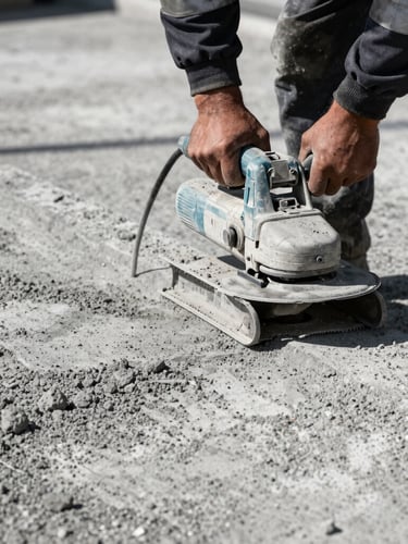 Close-up of a worker in high-vis safety gear operating a heavy-duty concrete grinder on an uneven slab, harsh direct sunlight, high-contrast cool grey tones, sharp focus, detailed concrete texture, 35mm