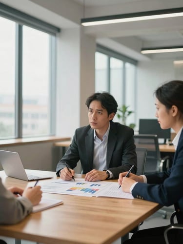 Wide environmental shot of a collaborative corporate meeting, natural daylight, two professionals discussing a financial roadmap over a clean wooden table, modern architectural office background
