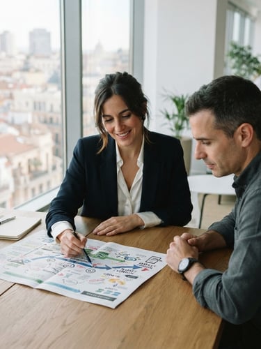 editorial corporate photography, natural window daylight, two professionals looking at a printed strategic roadmap on a wooden table in a bright, modern Madrid office, shallow depth of field, 35mm