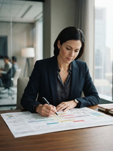 Editorial corporate photography, natural window daylight, a professional partner in a quiet modern boardroom looking over a printed strategic roadmap, shallow depth of field, 35mm
