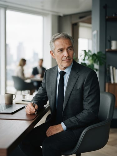 Editorial corporate photography, natural window daylight, a senior professional in a modern slate-toned office looking thoughtfully slightly off-camera, 35mm, shallow depth of field