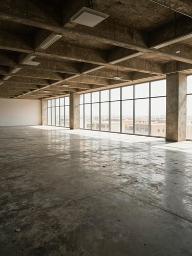 Wide interior of a completed commercial office floor in Egypt, exposed ceiling with integrated HVAC diffusers and lighting grids, polished concrete floor, natural daylight from full-height glazing on the far wall, no occupants, shot from the far corner showing the full depth of the space