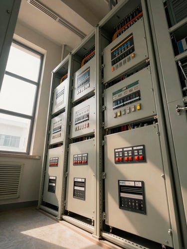 Wide interior shot of a completed electrical room in a commercial building, dense cable trays and distribution boards precisely mounted, natural daylight entering from a high window, warm tungsten site lighting, shot from a low angle showing the full vertical run of conduit