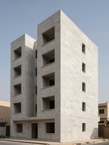 Wide exterior shot of a completed residential building in Cairo, clean concrete facade with recessed window frames, midday daylight casting sharp shadows, street-level perspective showing the full building height against a clear sky