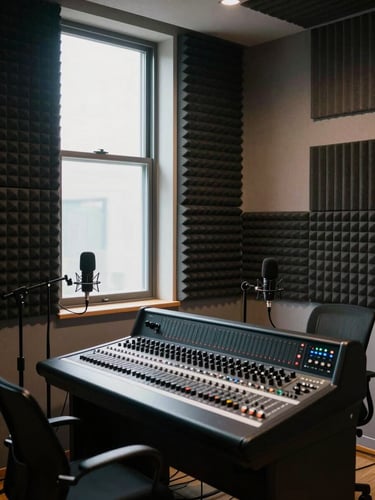 Wide environmental shot of a professional podcast recording studio interior, north-facing daylight from a single high window on the left wall, acoustic foam panels covering three walls, a mixing console in the foreground center, two microphone stands visible, empty chairs, no people, clinical and functional