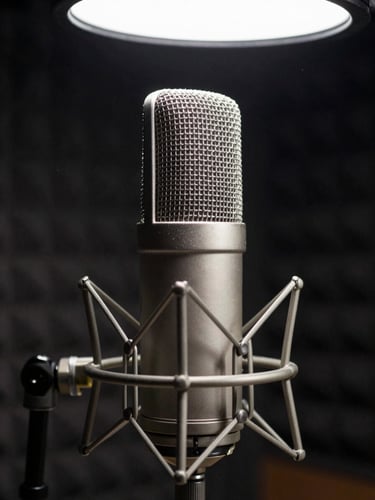 Extreme close-up of a large-diaphragm condenser microphone in a shock mount, positioned left-of-center in frame against a dark acoustic panel background, studio strobe lighting from above casting sharp clean shadows on the grille mesh, no human hands visible