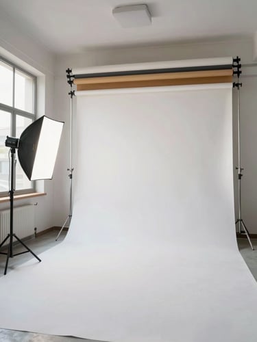 Wide environmental shot of an empty photography studio interior — backdrop rail system mounted overhead with three rolled paper backdrops visible, a large softbox light stand positioned to the left, north-facing window throwing even diffused daylight across a seamless white floor sweep, no subjects, room shown at full usable scale, documentary framing