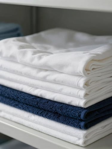 Tight close-up of neatly folded crisp white linens and navy blue towels stacked on a clean metal shelf, bright morning light, clinical and organized atmosphere.