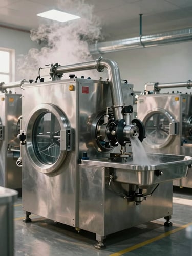 Wide shot of a pristine, organized industrial laundry facility, clean metallic machinery, steam rising softly in the background under morning light.