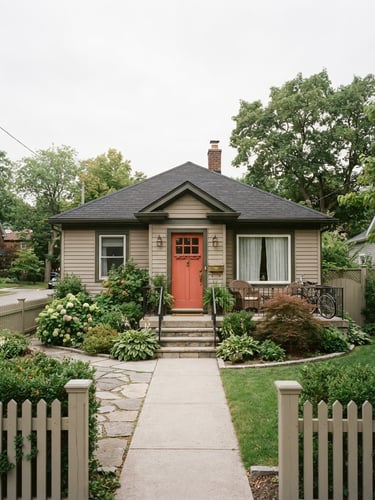 Wide environmental shot of a modest, well-kept single-family home with a warm front door, soft natural overcast daylight, realistic residential architecture