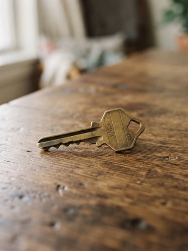 A close-up of a brass house key resting on a warm wooden table, soft morning window light, realistic residential detail, 35mm lens