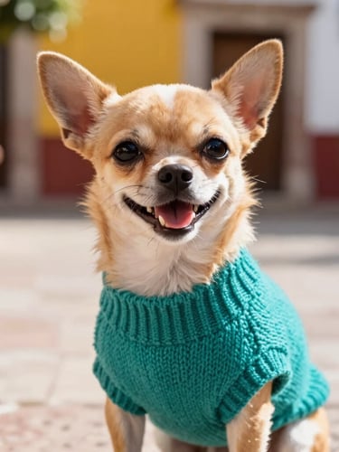 Close-up eye-level shot of a happy Chihuahua wearing a vibrant teal knitted sweater, sitting in a sun-drenched courtyard in Mexico, warm daylight, shallow depth of field.