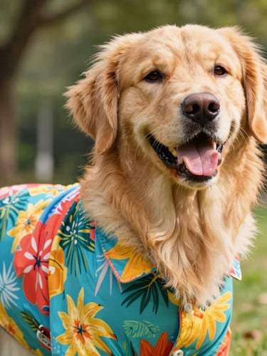 Vibrant close-up of a happy golden retriever wearing a colorful tropical print shirt, warm natural daylight, cheerful outdoor park setting, shallow depth of field, 35mm lens