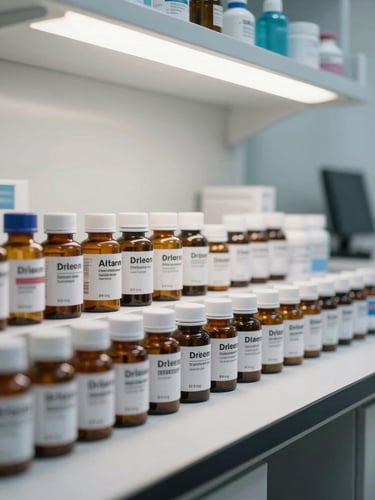Side-angle shot of a clinical pharmacist workspace, organized rows of labeled pharmaceutical bottles on a white counter under bright overhead lighting, no people, high contrast, clean background, product labels sharp and legible
