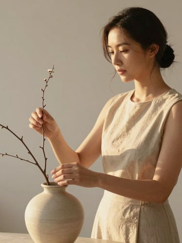 Warm editorial portrait of a female designer arranging delicate branches in a ceramic vase, soft golden hour sunlight, neutral background, 35mm