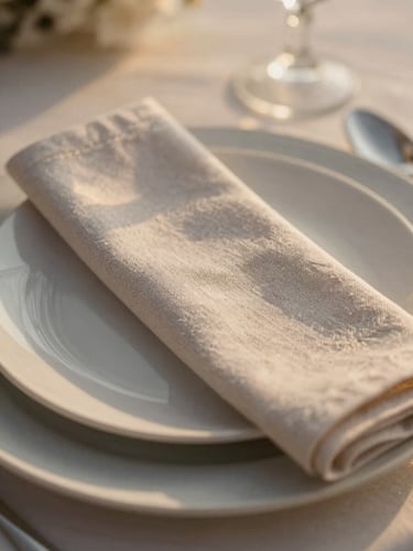 Close-up of a bespoke elegant table setting, delicate linen napkin, textured ceramic plate, soft golden hour light, shallow depth of field, 35mm