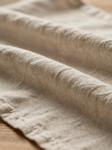 Macro shot of textured linen draped over a wooden surface, soft shadows, warm neutral tones, elegant styling, shallow depth of field