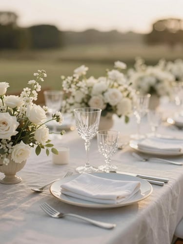 An elegant close-up of a premium outdoor wedding table setting under soft golden hour light, with fine linen, crystal glasses, and sophisticated floral arrangements, shallow depth of field, 35mm