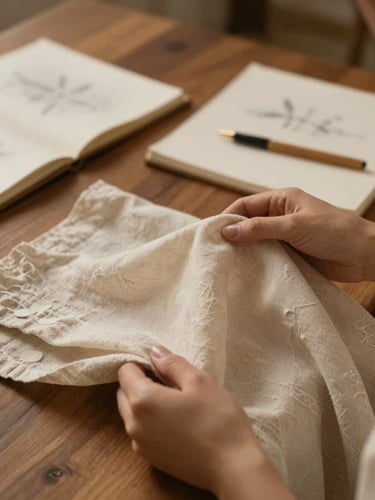 Close up of hands holding delicate linen fabrics and sketchbooks on a wooden table, warm editorial lighting, shallow depth of field