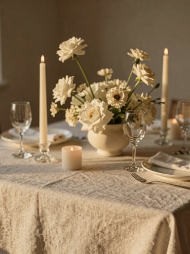 Elegant minimalist table setting, linen tablecloth, tall tapered candles, architectural floral centerpiece, warm golden hour light, shallow depth of field, 35mm photography