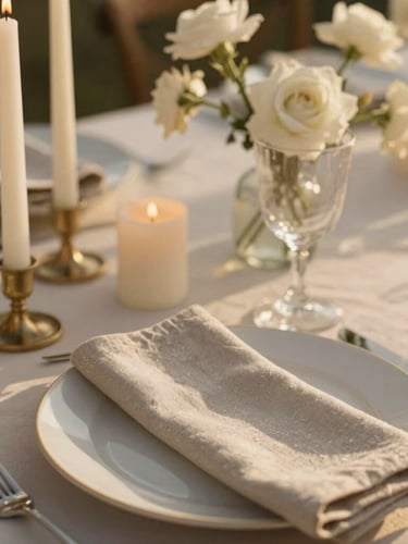Close-up portrait of a beautifully styled wedding table setting with high candles, textured neutral linen napkins, and delicate white flowers, warm golden hour sunlight, 35mm photography