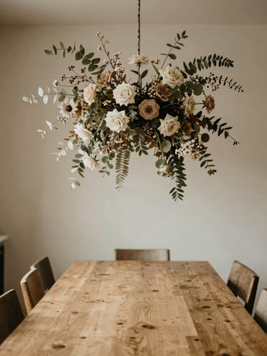 An architectural floral installation hanging above an empty, long wooden table, refined styling, soft natural light, muted neutral tones, shallow depth of field, 35mm