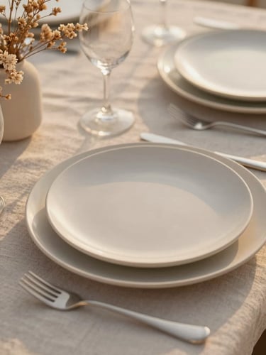 Close-up of a premium minimalist table setting with textured neutral linen, handmade ceramic plates, and delicate dried florals in soft golden hour light, 35mm photography