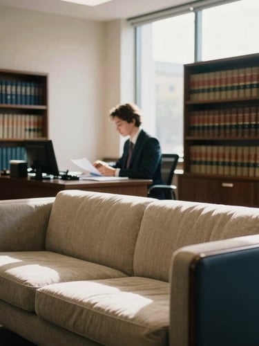 Warm, inviting law office interior with natural light, a comfortable seating area, and shelves of legal books. A partner is seen in the background, out of focus, reviewing documents at a large desk. Soft, directional window light, 35mm.