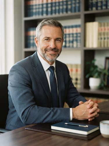 Medium close-up portrait of a male attorney in a naturally lit modern office, direct and reassuring gaze, soft focus background of legal books, muted navy and cream tones.