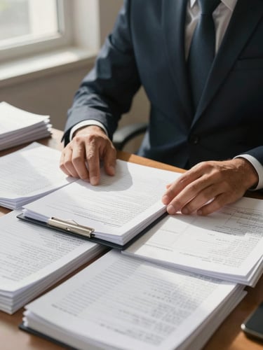 Medium shot of a compliance professional at a desk covered in organized tax files and payroll records, warm natural light from a side window, hands resting on an open document, genuine work-in-progress atmosphere
