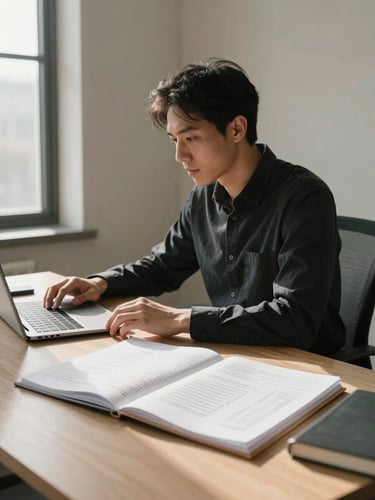 Medium shot from the left side of a CA seated at a wide desk in a naturally lit office, morning window light falling across open tax files and a laptop, hands resting on document pages, warm off-white walls in background, authentic work-in-progress feel