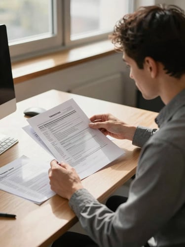 Medium shot from the side of a CA professional seated at a wooden desk, reviewing open tax files and printed compliance documents under warm morning window light, hands visible turning a page, naturally lit office environment