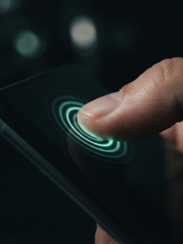 Moody macro shot of a thumb interacting with a curved OLED screen, soft neon-mint haptic waves radiating from the touch point, low-key studio lighting, shallow depth of field