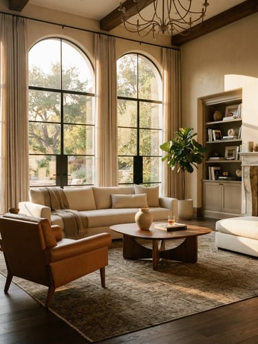 Elegant, sun-drenched luxury living room with high ceilings, warm golden-hour light streaming through tall windows, minimal refined furniture, 35mm editorial photography