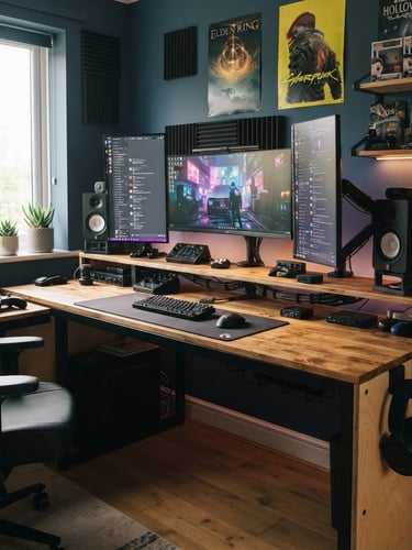 Wide shot of a KORTEX modular gaming desk setup in a teen's room, showing multiple monitors, cable management, and warm birch plywood textures under natural window light, with matte black steel accents. A pair of headphones hangs neatly on a desk hook.
