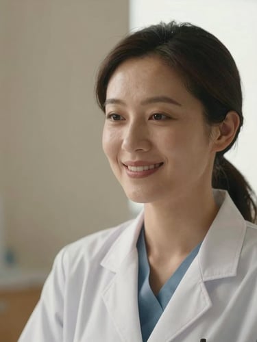 Warm editorial medium close-up of a female doctor in a soft-lit medical clinic, smiling warmly, natural window light, shallow depth of field, 35mm