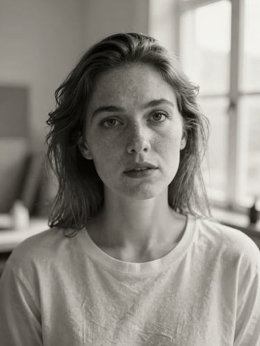 Black and white close-up editorial portrait of an expressive woman in her working studio, soft natural window light, muted ivory tones, shallow depth of field, 35mm