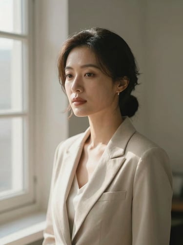 Warm editorial portrait of a professional woman in a sunlit studio, soft natural window light, muted ivory and charcoal tones, shallow depth of field, 35mm