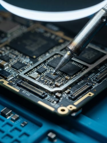 Macro photography of a high-precision smartphone motherboard under an industrial microscope, a micro-soldering iron tip touching a tiny chip, cool white clinical laboratory lighting, shallow depth of field, professional ESD-safe workbench environment