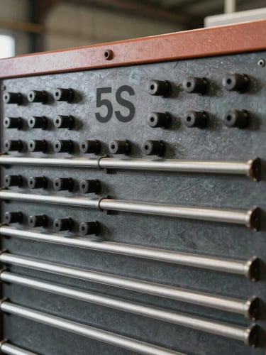 Close-up of a highly organized 5S tool board in an active Australian manufacturing facility, natural warehouse daylight, sharp focus, 35mm lens