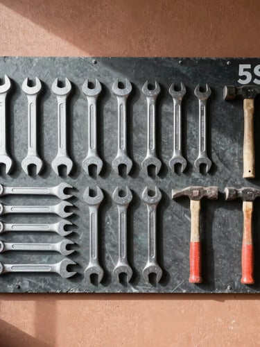 Vertical medium shot of an organized 5S tool board with clean outlines for wrenches and hammers, natural warehouse daylight casting sharp shadows, raw industrial texture.