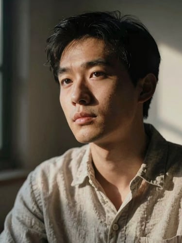 A close-up portrait of an artist in a linen shirt, looking thoughtfully past the camera, soft directional window light highlighting fine facial details, deep chiaroscuro shadows