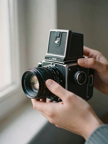 A close-up of a classical photographer's hands adjusting a vintage medium-format camera, soft window light from the left, painterly muted tones, visible film grain