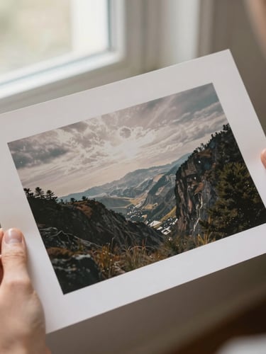 Hands holding a physical fine-art photography print, showing rich textures and heavy paper stock, soft natural daylight