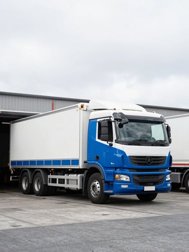 Crisp industrial transport photography of a modern blue and white tautliner truck parked at a Melbourne concrete loading dock, bright overcast daylight, sharp details, 35mm