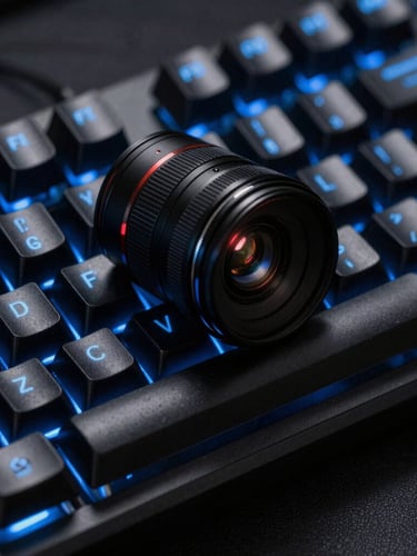 Close-up macro shot of a sleek black mechanical keyboard with glowing electric blue LED backlighting, 35mm lens, shallow depth of field