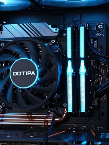 Close-up macro shot of a glowing graphics card installed in a PC case, electric blue LED lighting illuminating the copper heat pipes and silicon board, dark moody background, high-end tech aesthetic.